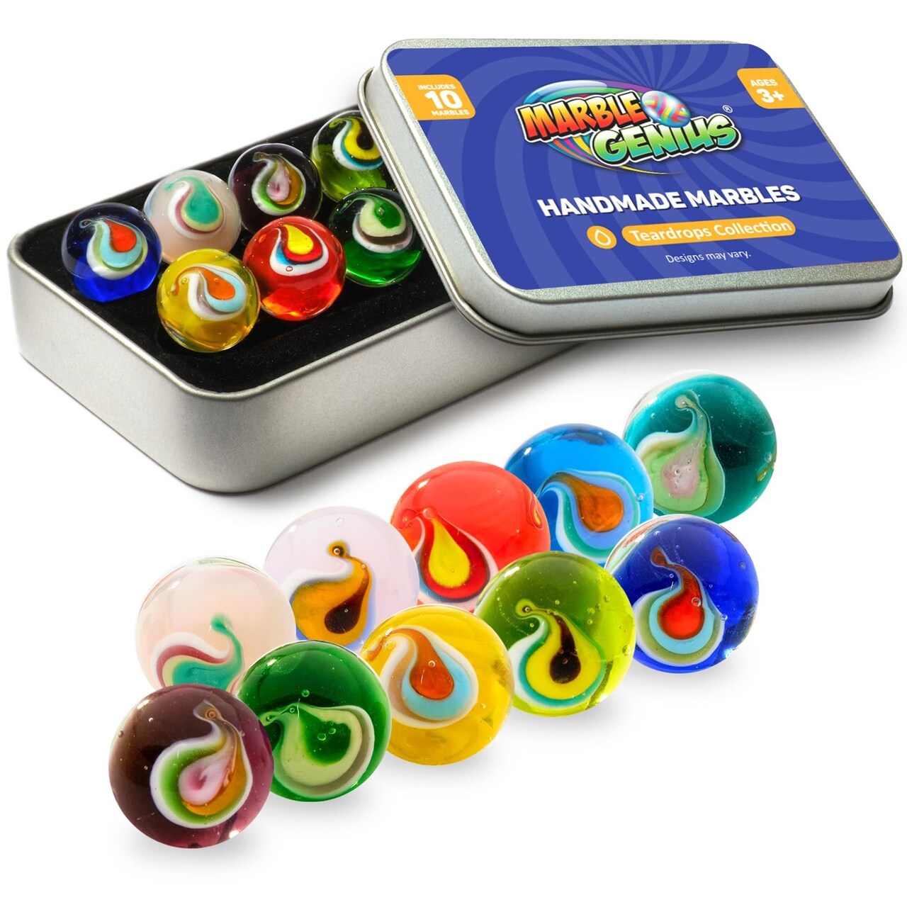 Marble Genius Collectors Marbles, Teardrop, 16mm (⅝ Inch), 10 Handmade Glass Marbles, Gifts for Marble Lovers, Gifts for Kids Ages 3-14
